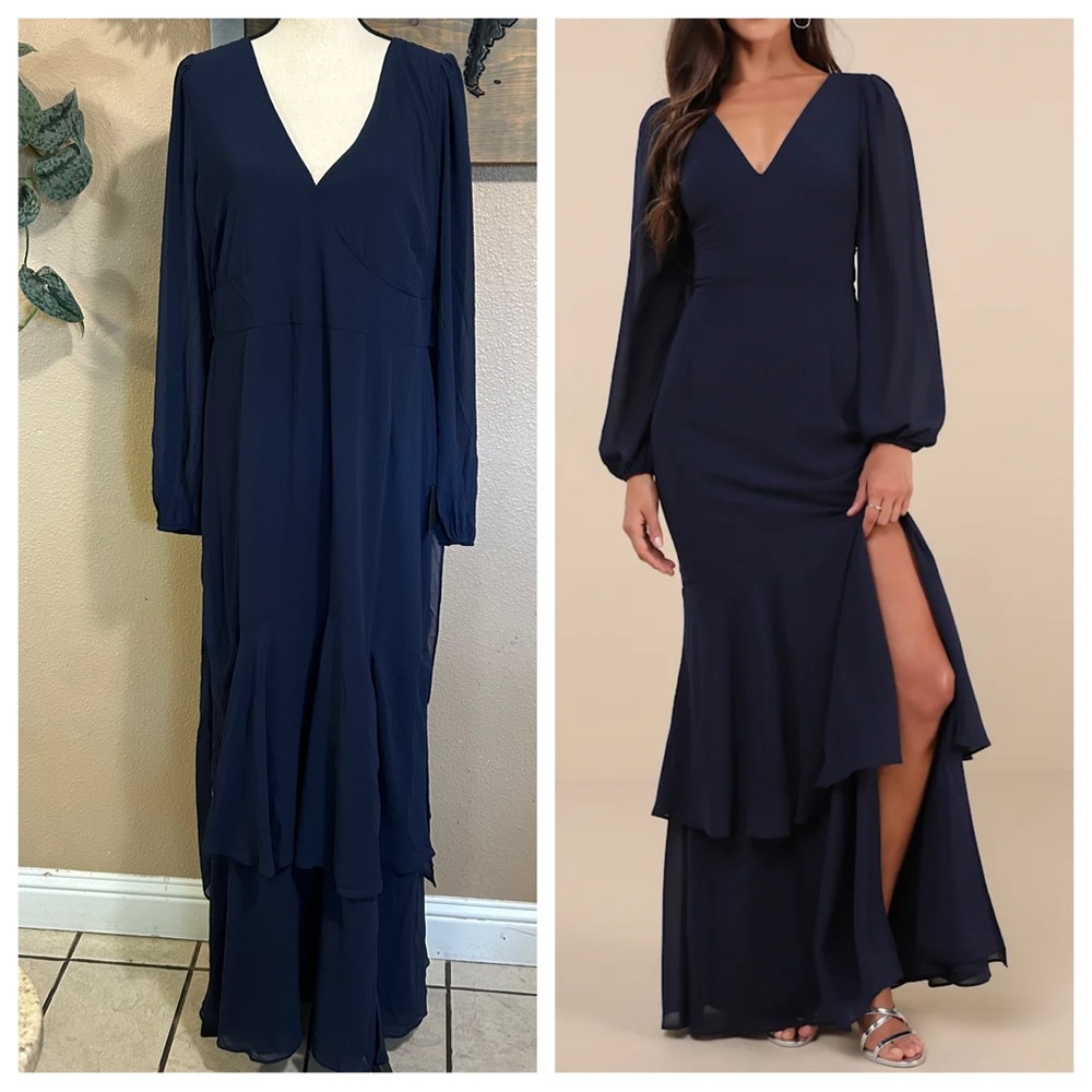 NWT Tier Elegance Navy Long Sleeve Tiered Maxi Dress